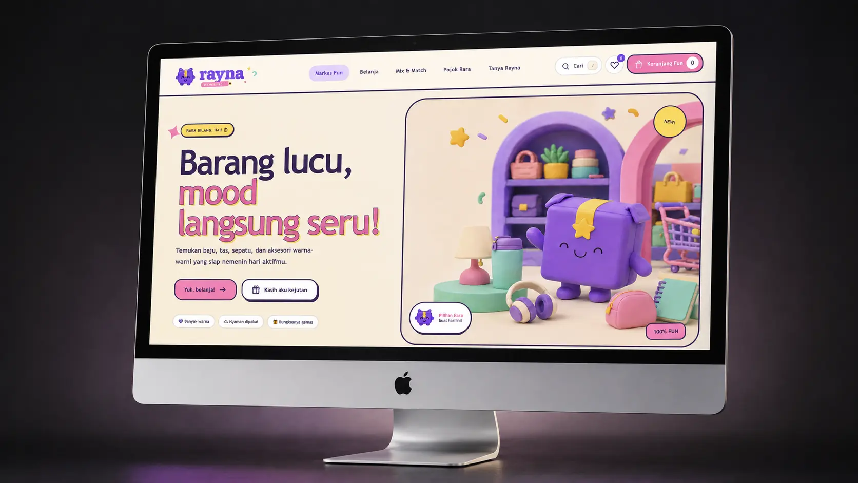 Mockup iMac Rayna Warehouse Fun dengan tampilan homepage asli